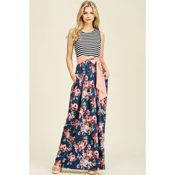 Floral Maxi Dress with Striped Casual Top
